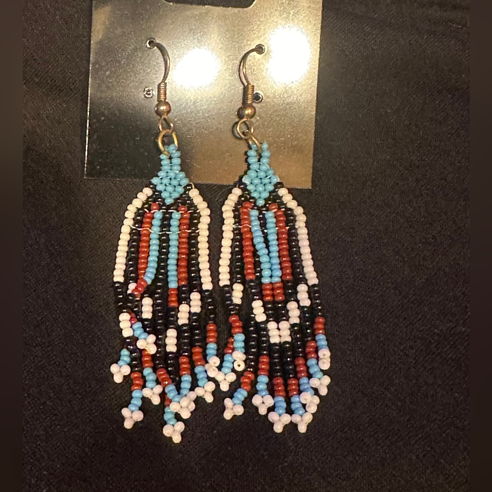Boho Native American Style Tribal Seed Bead Beaded Earrings Fringe Tassel Long